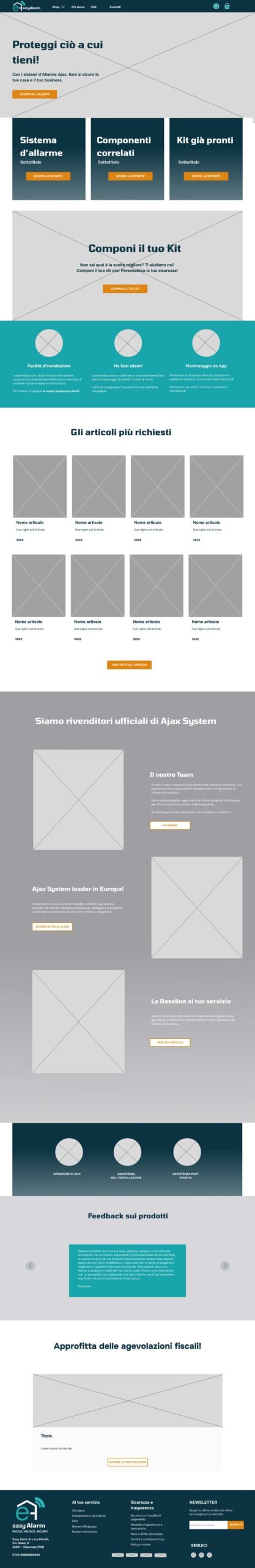 Wireframe mid-fi pagina homepage di Easy Alarm studio di valentina fiscarelli