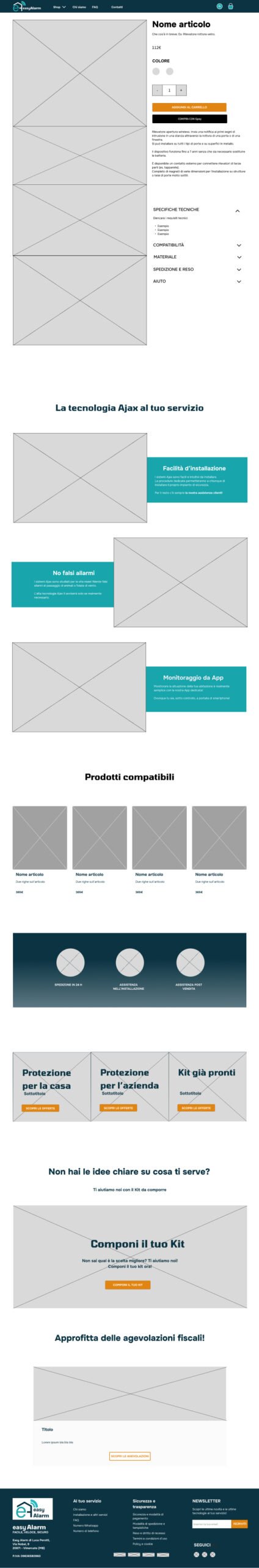 Wireframe media fedeltà della pagina prodotto di easy alarm by valentina fiscarelli