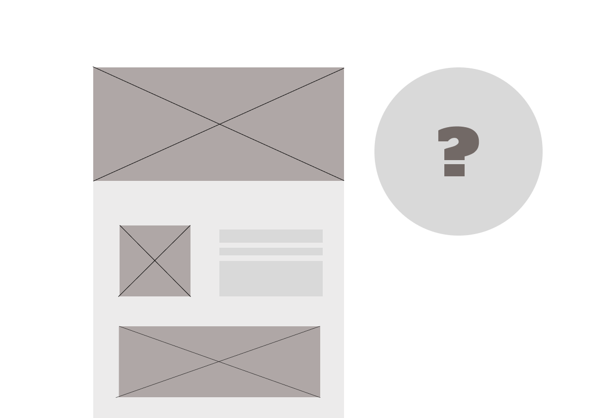 Immagine di un wireframe basico di un sito e di un logo con punto interrogativo.