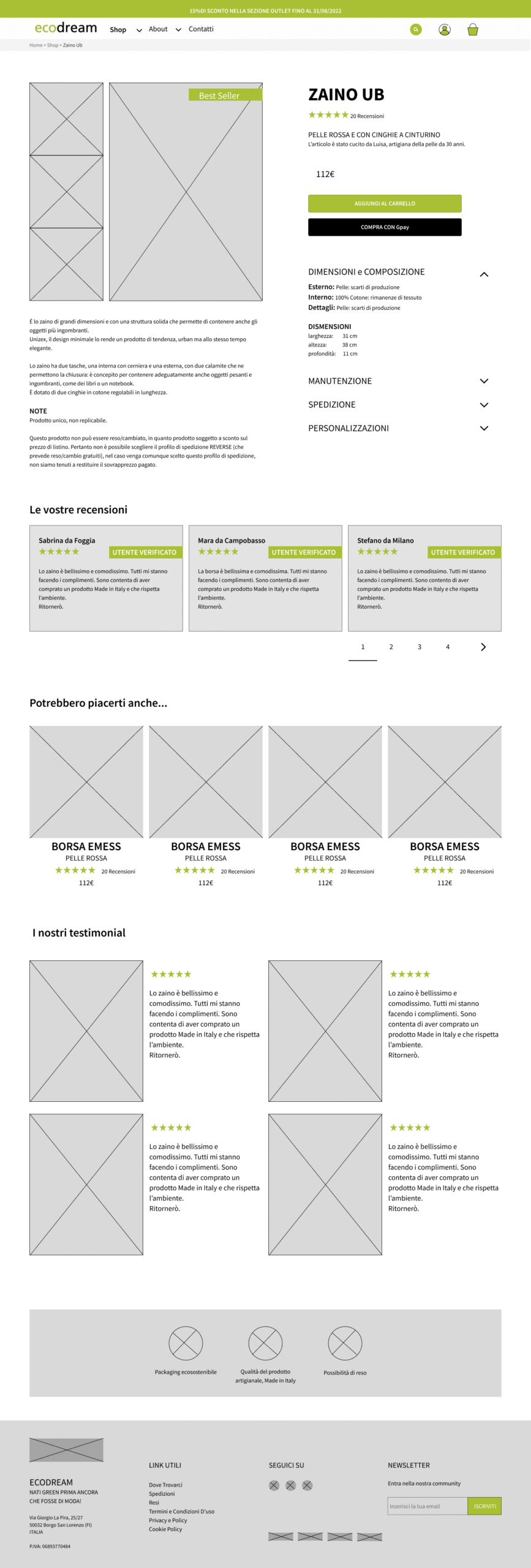 Wireframe media fedeltà della pagina Prodotto, restyling E-Commerce UX Ecodream