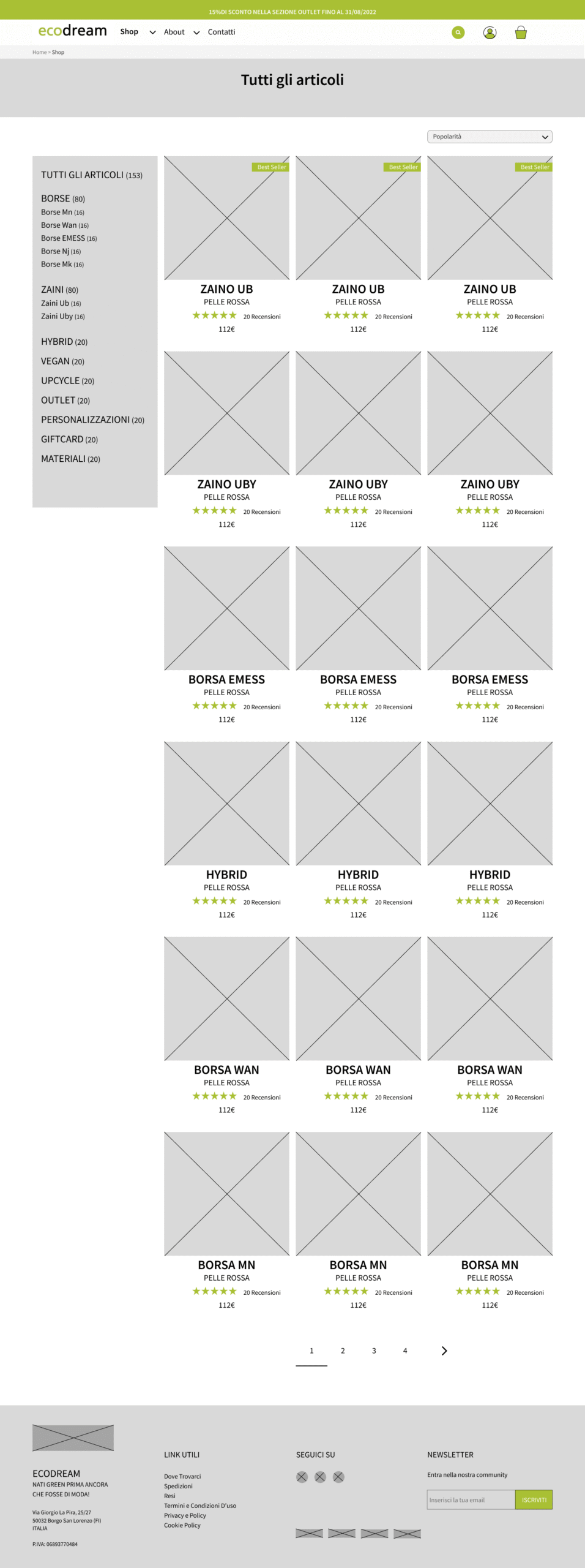 Wireframe media fedeltà della pagina prodotti, restyling E-Commerce UX Ecodream