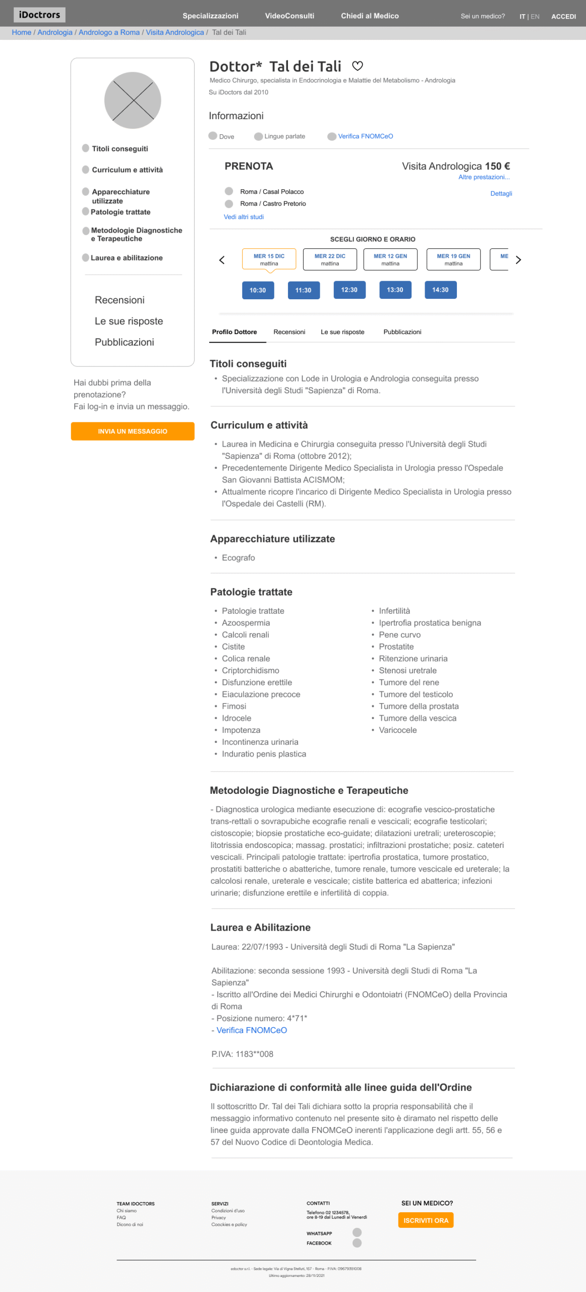 Wireframe media fedeltà della pagina Doottore restyling iDoctors by Valentina Fiscarelli