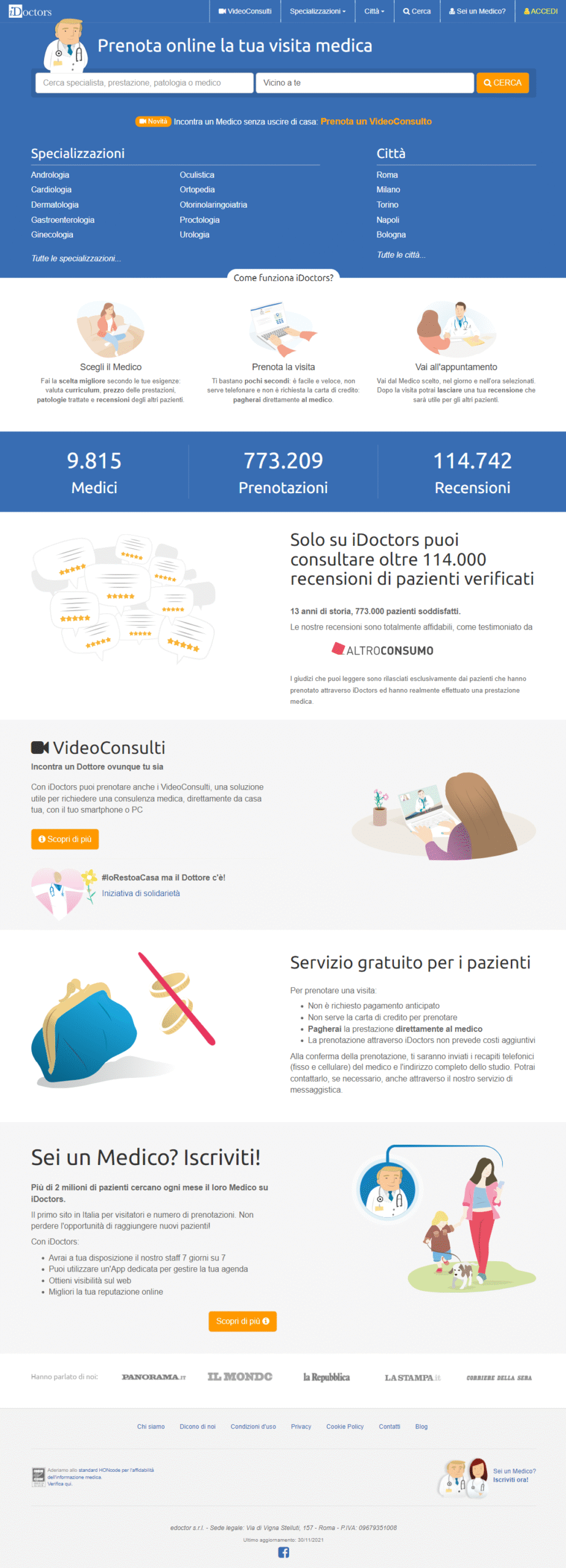 vecchia homepage di idoctors (anno 2021)