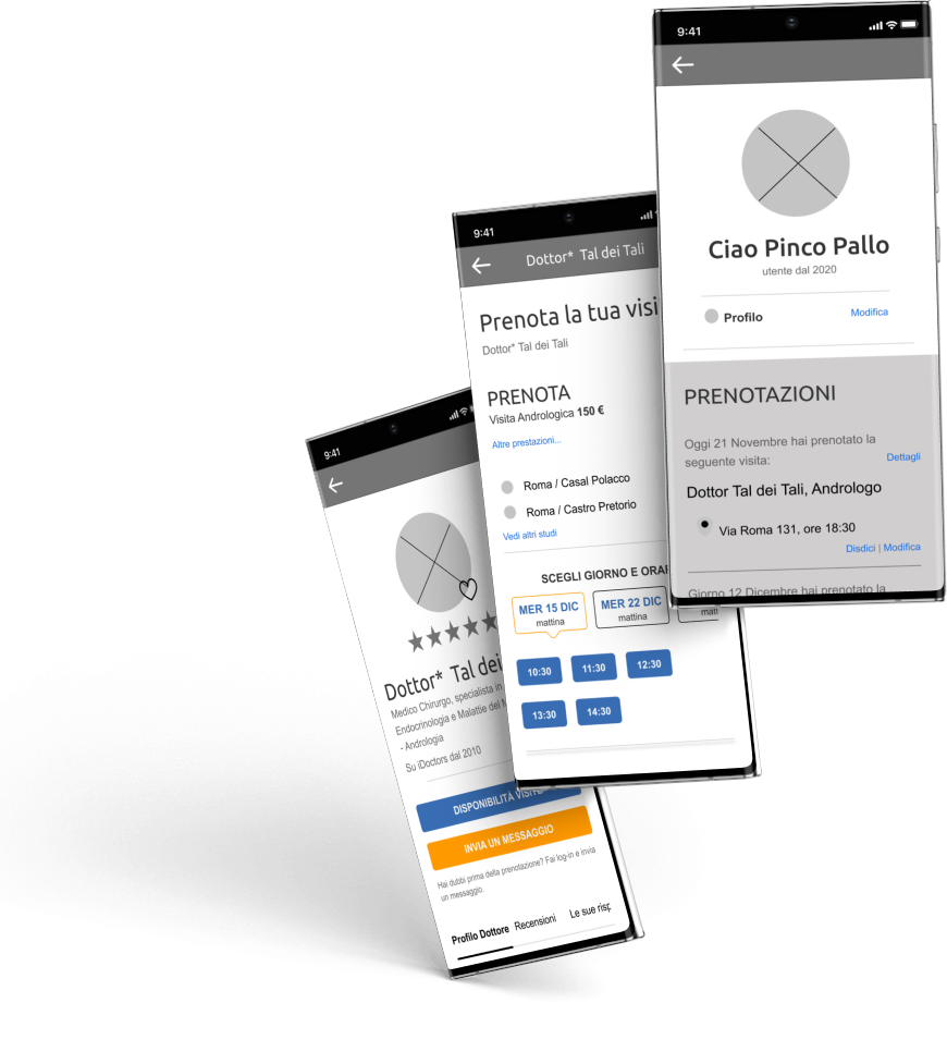 mockup con pagine mobile mid-fi di idoctors, restyling by valentina fiscarelli